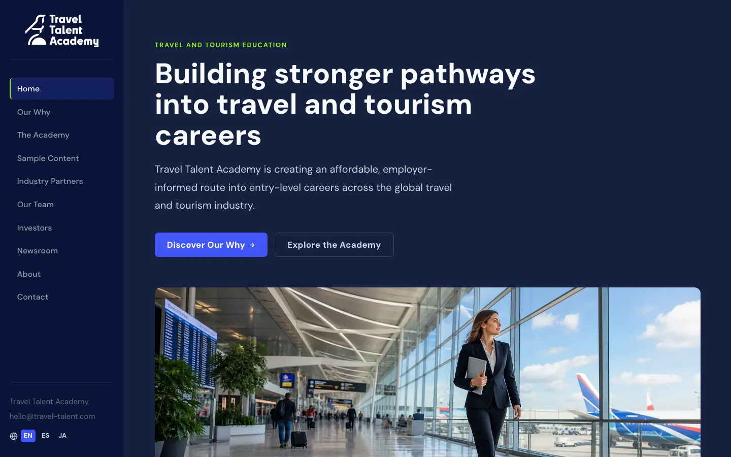Home page of the Travel Talent Academy corporate site